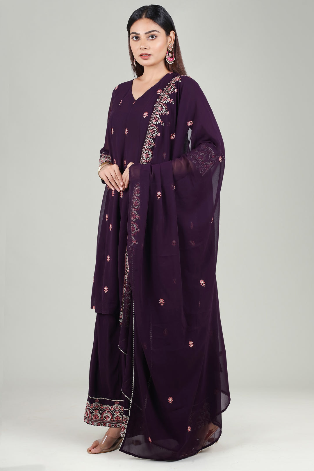 Purple Georgette Flared Embroidered Kurta Palazzo Suit Set for women