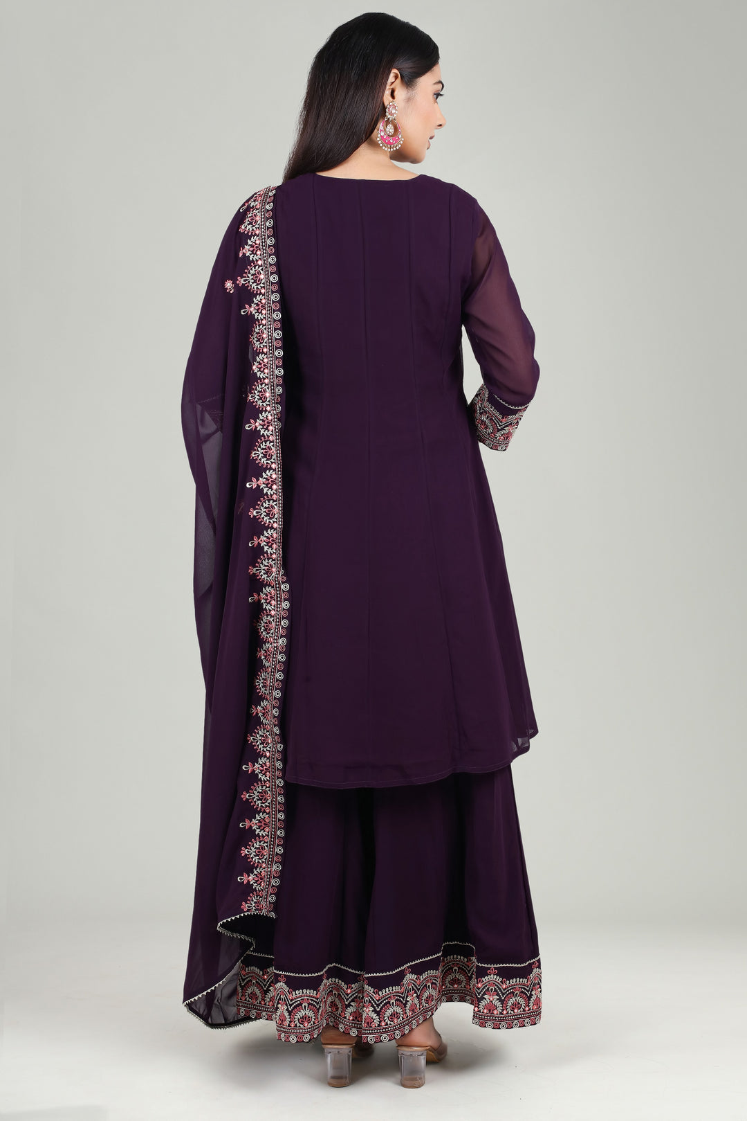 Purple Georgette Flared Embroidered Kurta Palazzo Suit Set for women