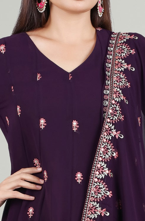 Purple Georgette Flared Embroidered Kurta Palazzo Suit Set