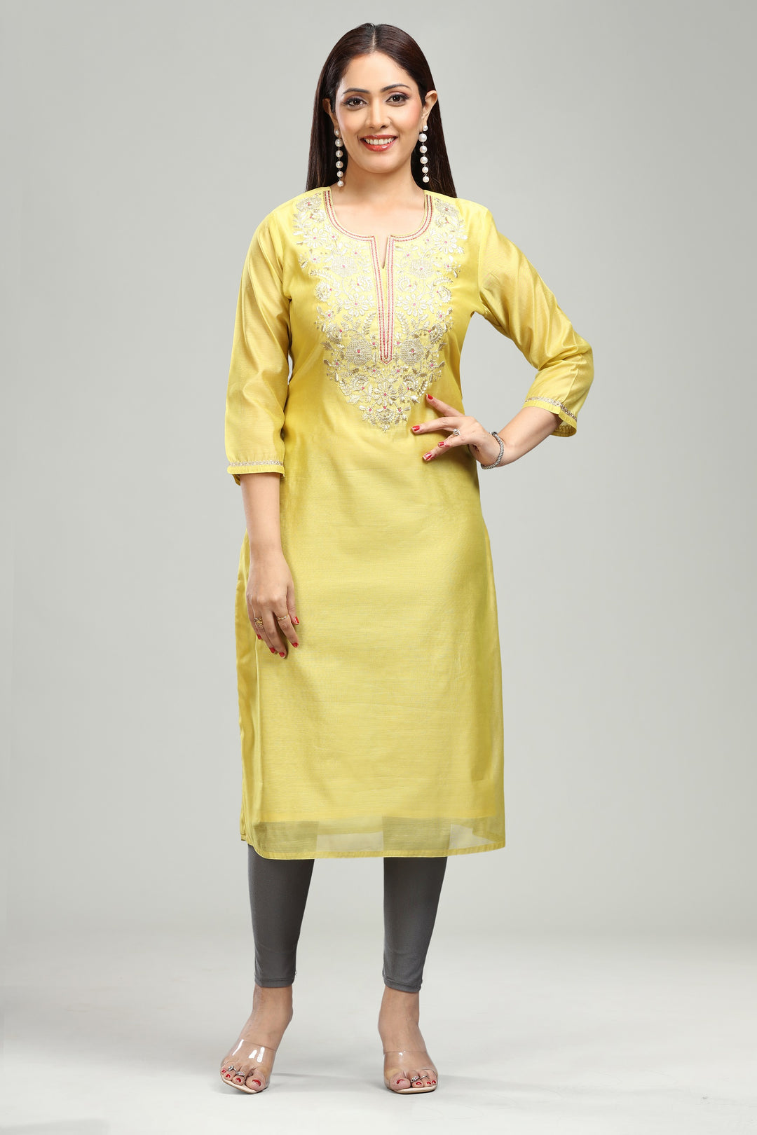 Yellow Chanderi Straight Embroidered Kurta