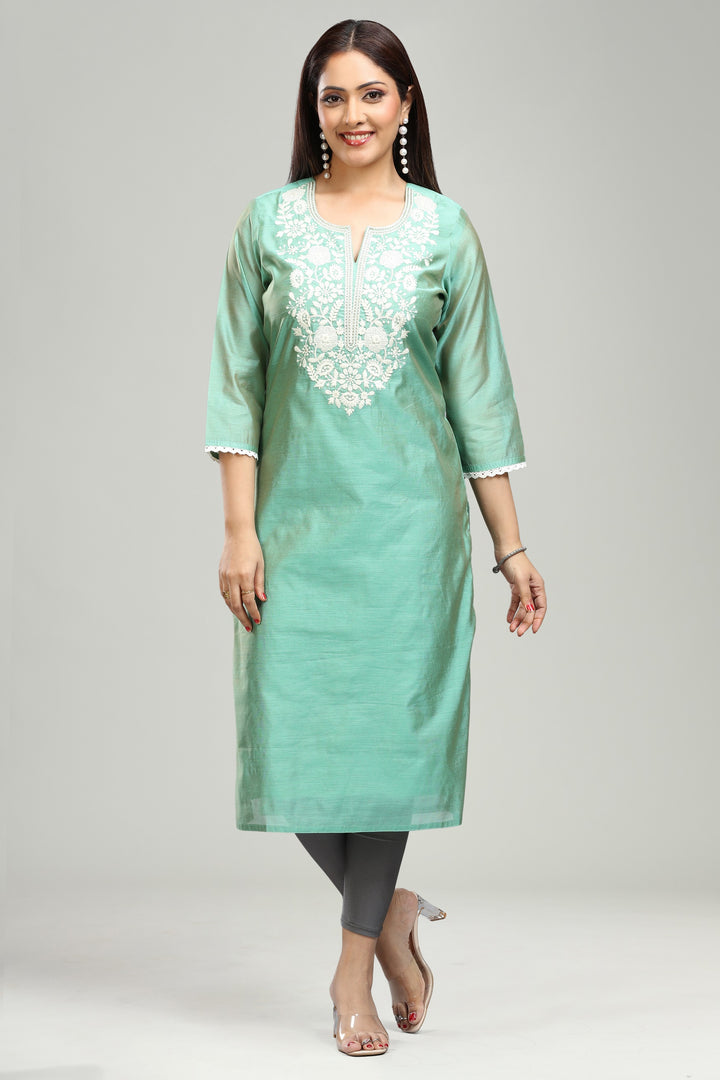 Mint Green Chanderi Straight Embroidered Kurta