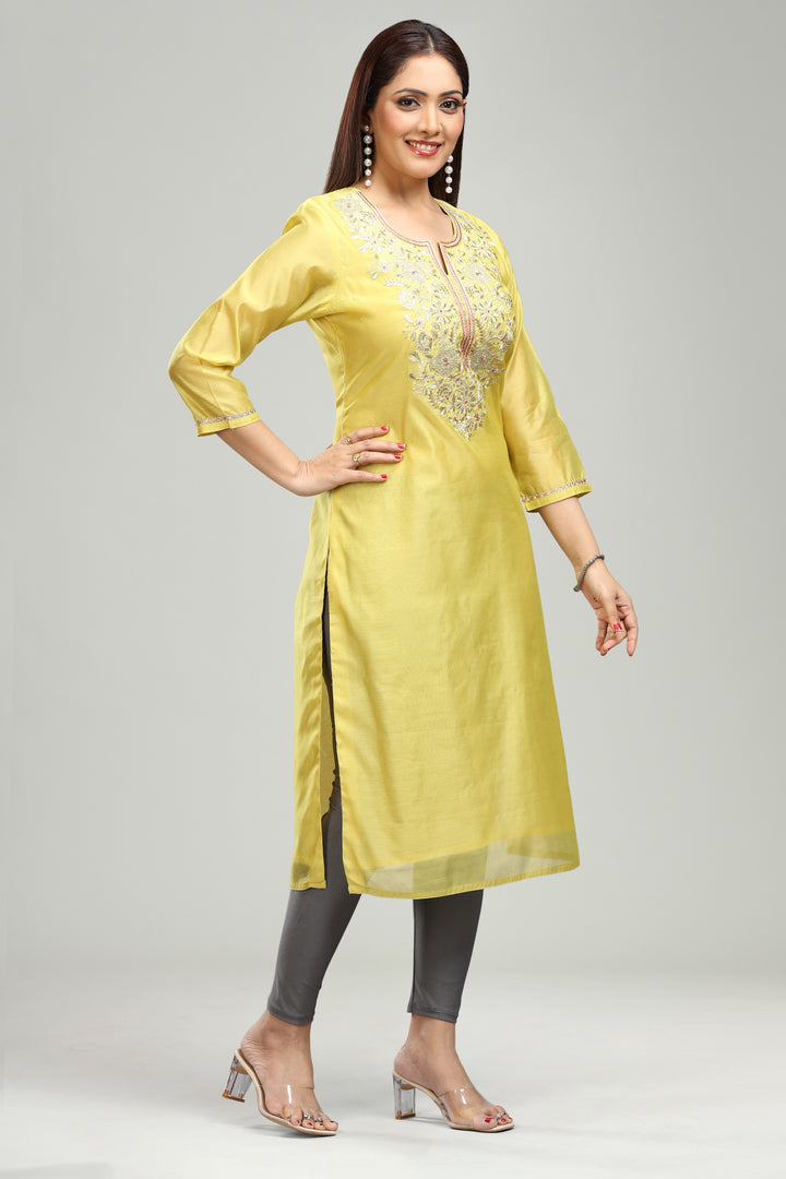 Yellow Chanderi Straight Embroidered Kurta