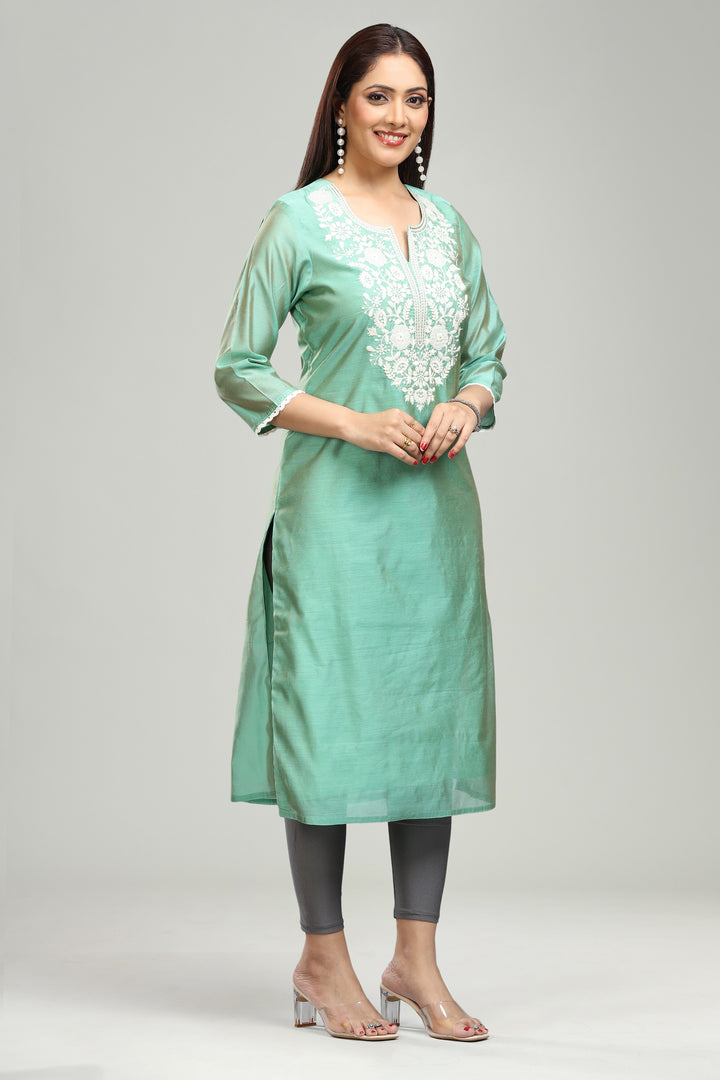 Mint Green Chanderi Straight Embroidered Kurta