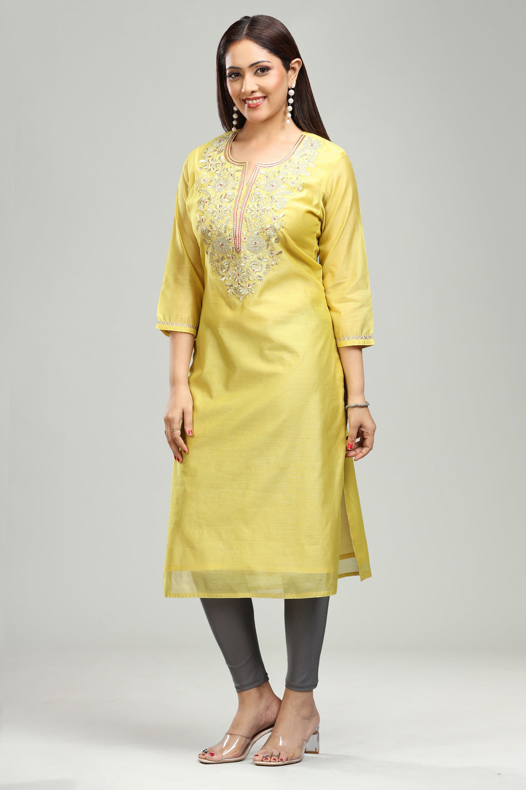 Yellow Chanderi Straight Embroidered Kurta