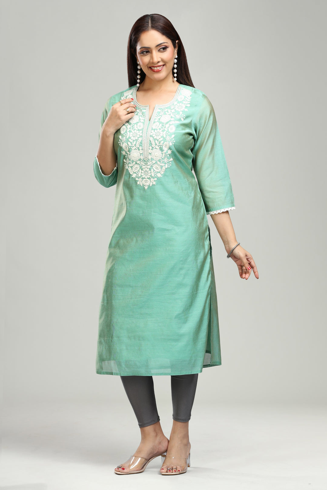 Mint Green Chanderi Straight Embroidered Kurta