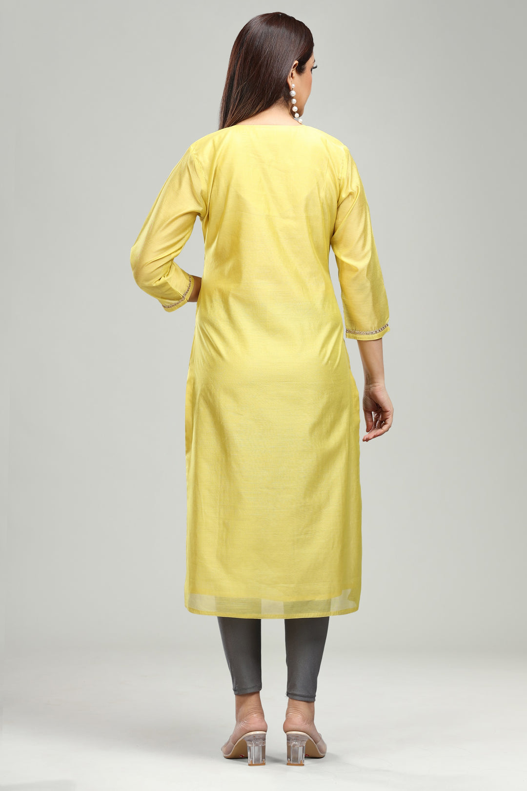 Yellow Chanderi Straight Embroidered Kurta