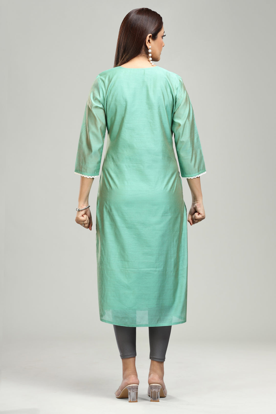 Mint Green Chanderi Straight Embroidered Kurta