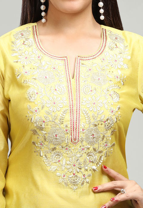 Yellow Chanderi Straight Embroidered Kurta