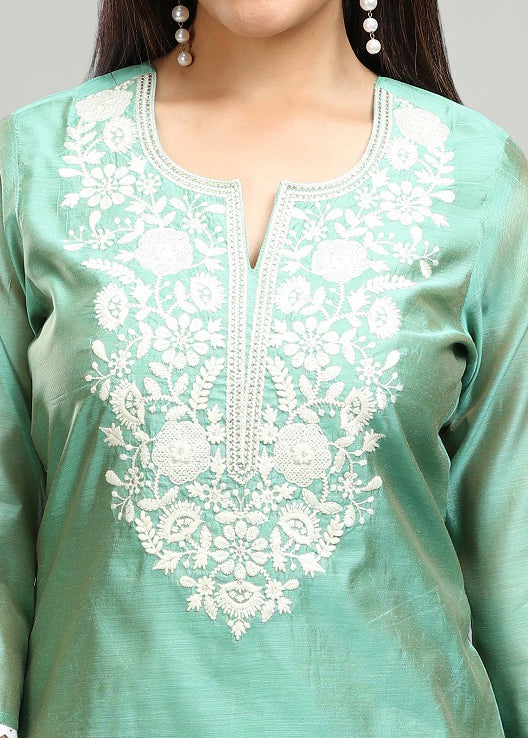 Mint Green Chanderi Straight Embroidered Kurta