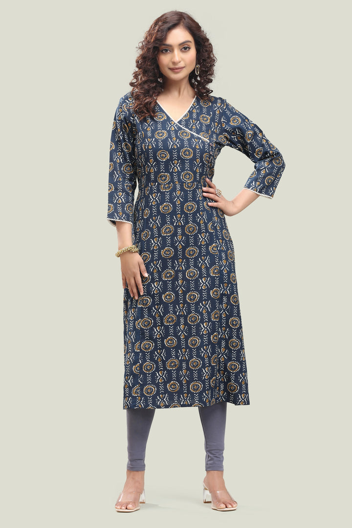 Navy Blue Jaipuri Cotton Straight Printed Kurta