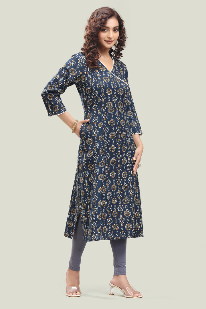 Navy Blue Jaipuri Cotton Straight Printed Kurta