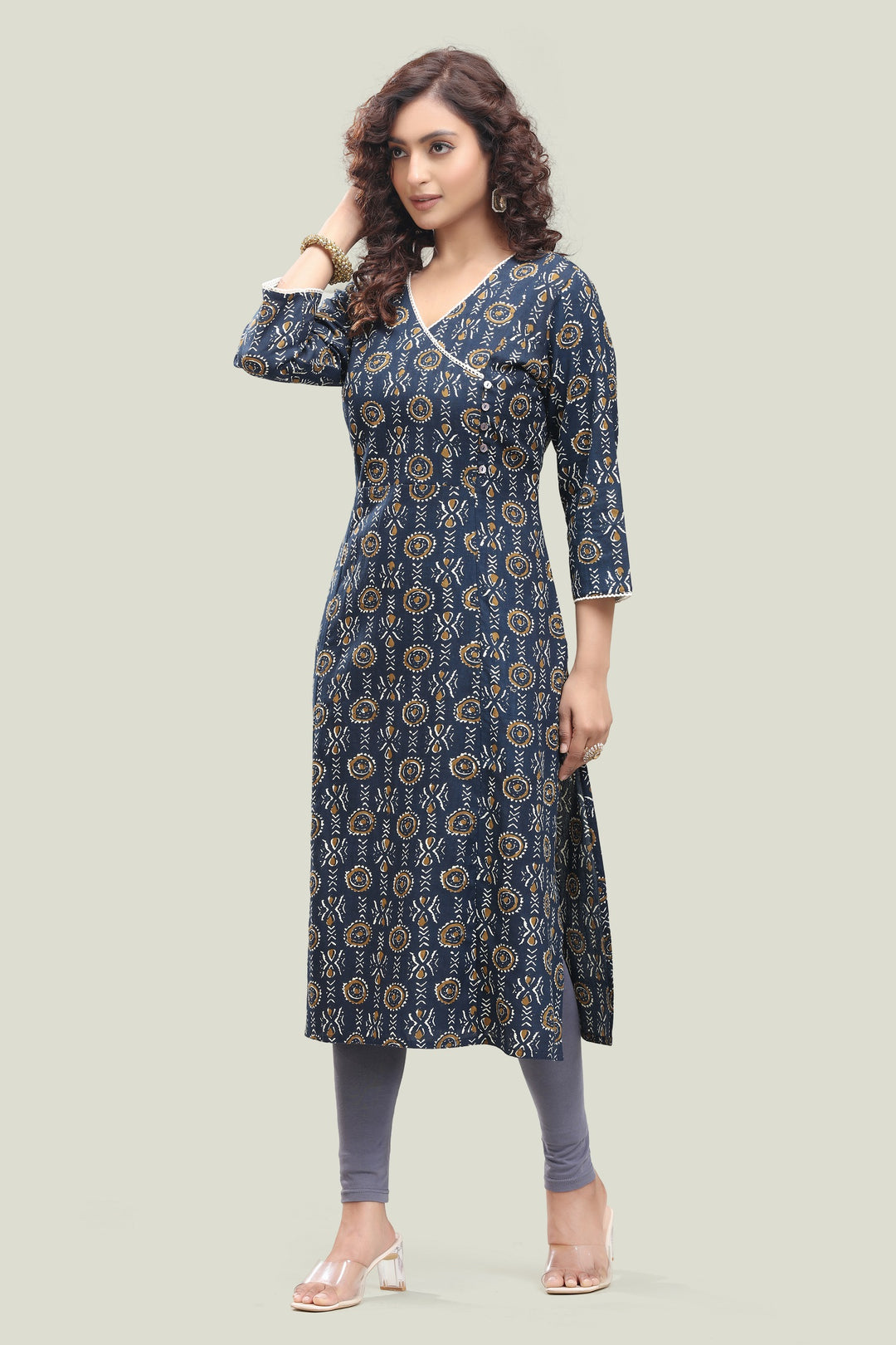 Navy Blue Jaipuri Cotton Straight Printed Kurta