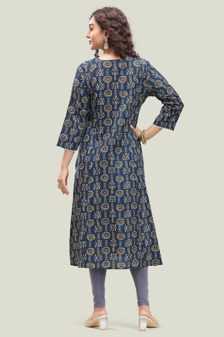 Navy Blue Jaipuri Cotton Straight Printed Kurta