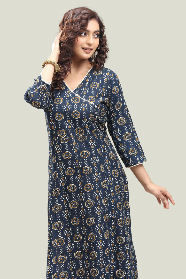 Navy Blue Jaipuri Cotton Straight Printed Kurta