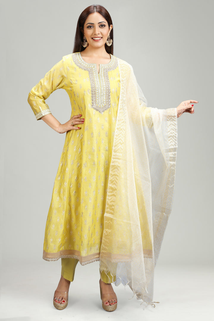 Yellow Chanderi A Line Embroidered Kurta Pant Suit Set