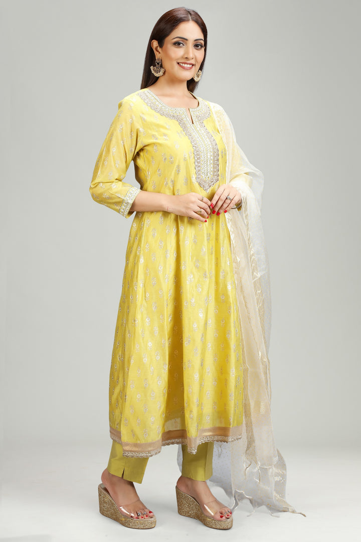 Yellow Chanderi A Line Embroidered Kurta Pant Suit Set