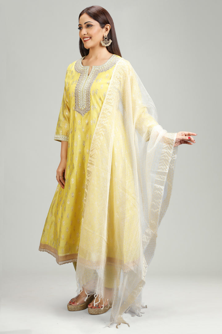 Yellow Chanderi A Line Embroidered Kurta Pant Suit Set