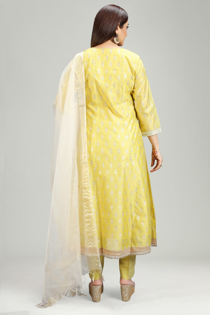 Yellow Chanderi A Line Embroidered Kurta Pant Suit Set