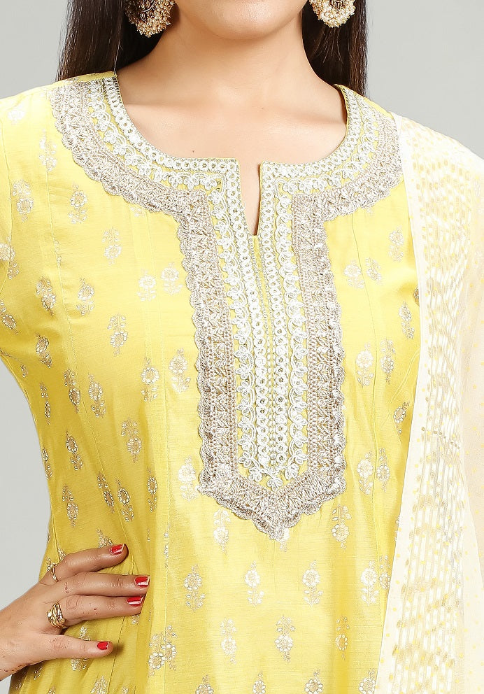 Yellow Chanderi A Line Embroidered Kurta Pant Suit Set