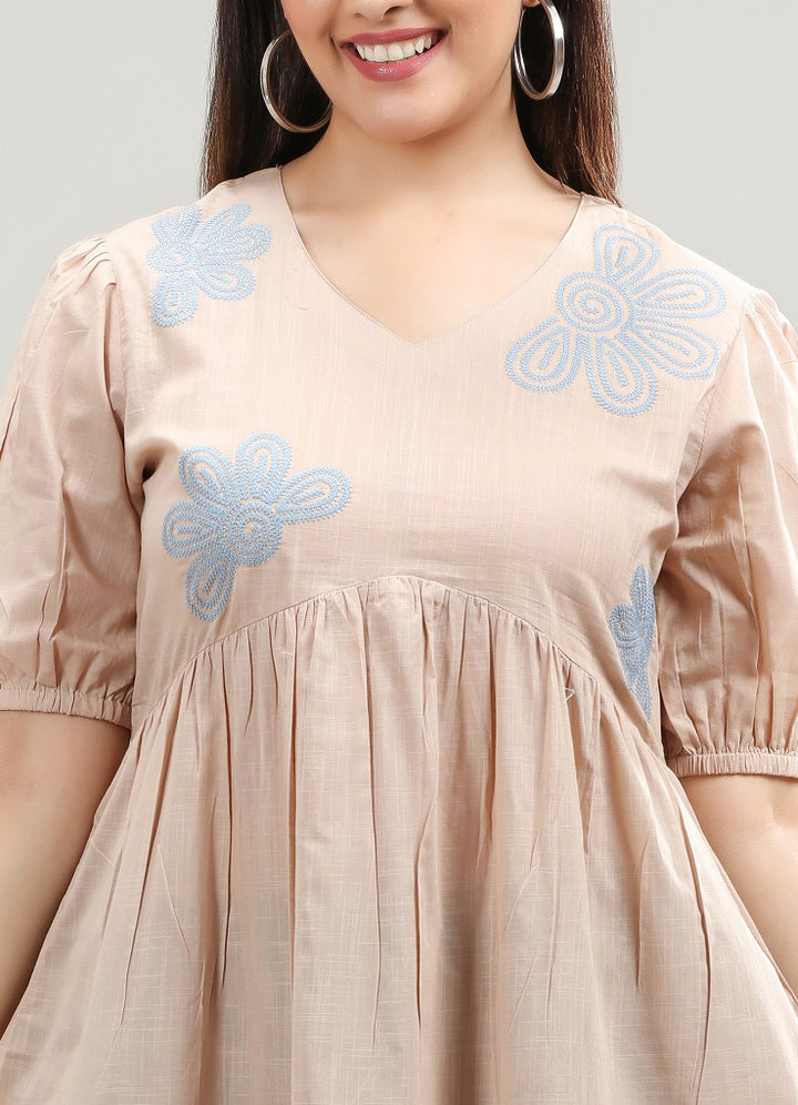 Beige Cotton Flared Embroidered Kurta