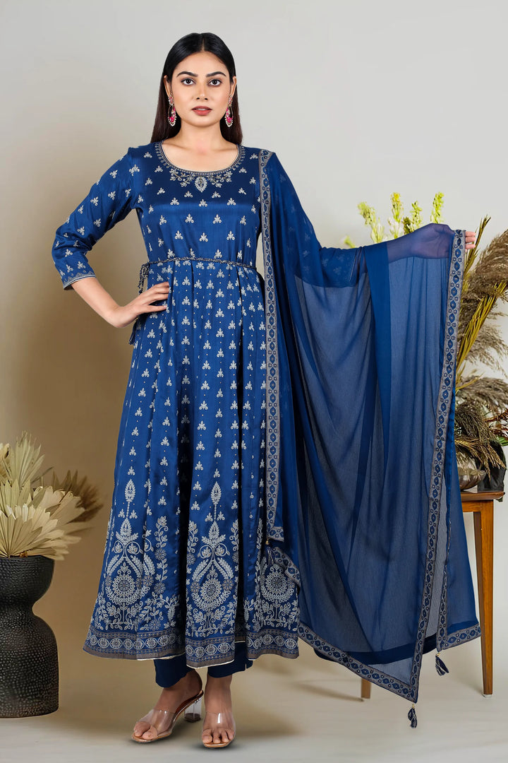 Teal Blue Cotton Flared Printed Kurta Pant Suit Set for women