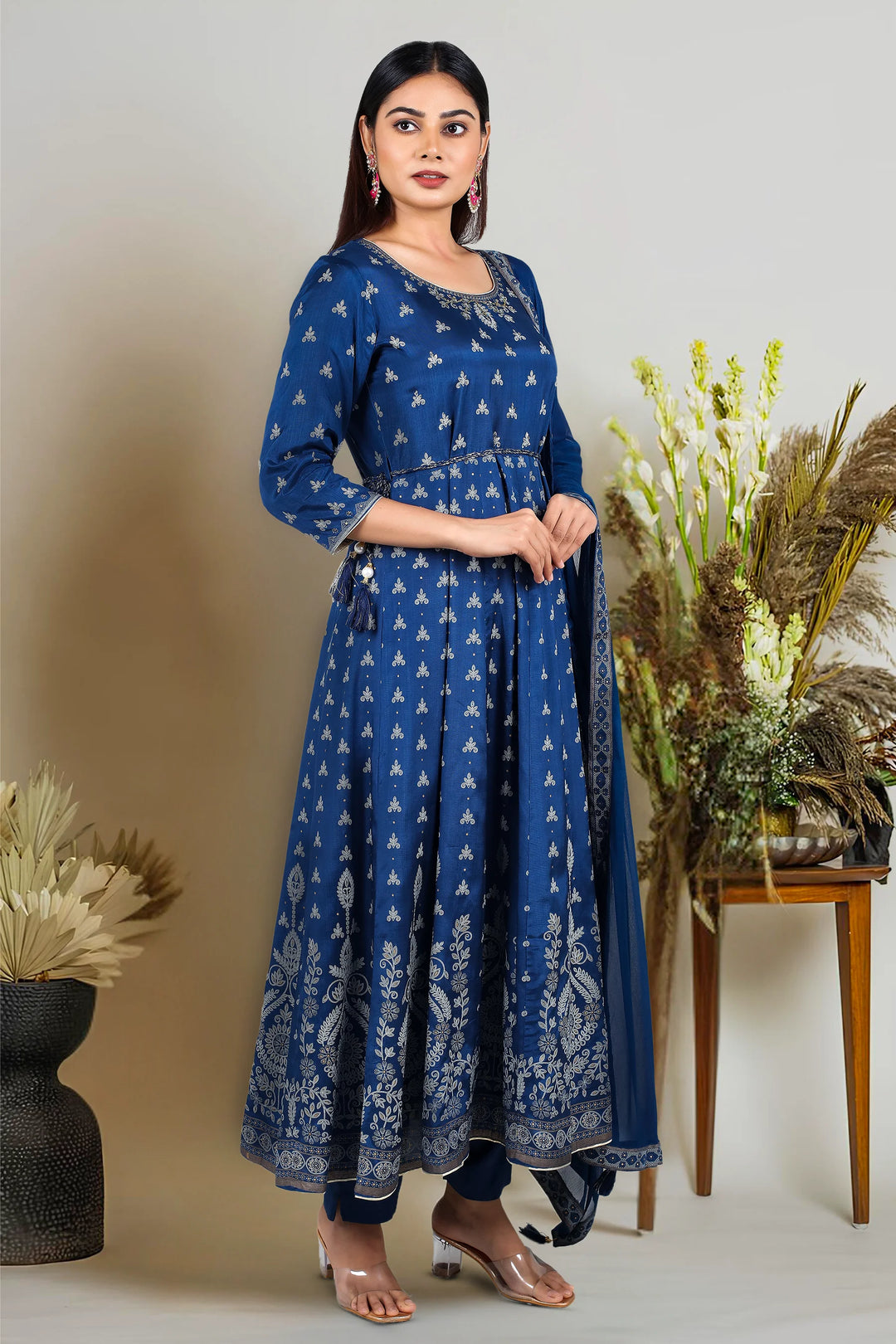 Teal Blue Cotton Flared Printed Kurta Pant Suit Set for women