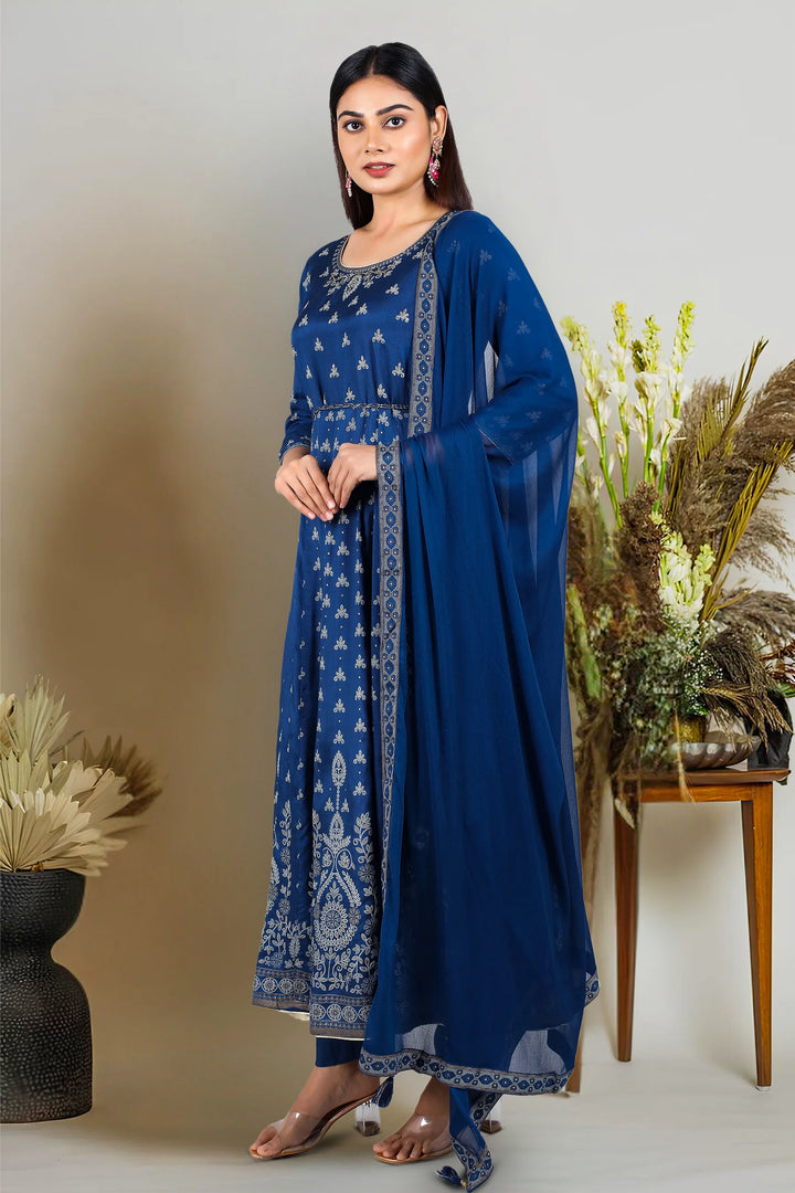 Teal Blue Cotton Flared Printed Kurta Pant Suit Set for women