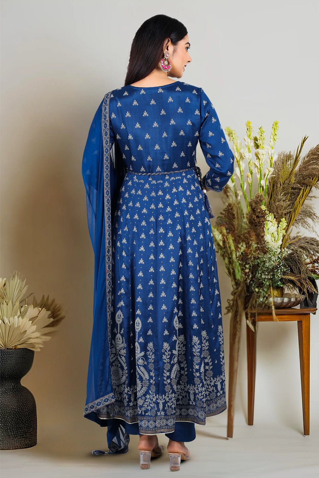 Teal Blue Cotton Flared Printed Kurta Pant Suit Set