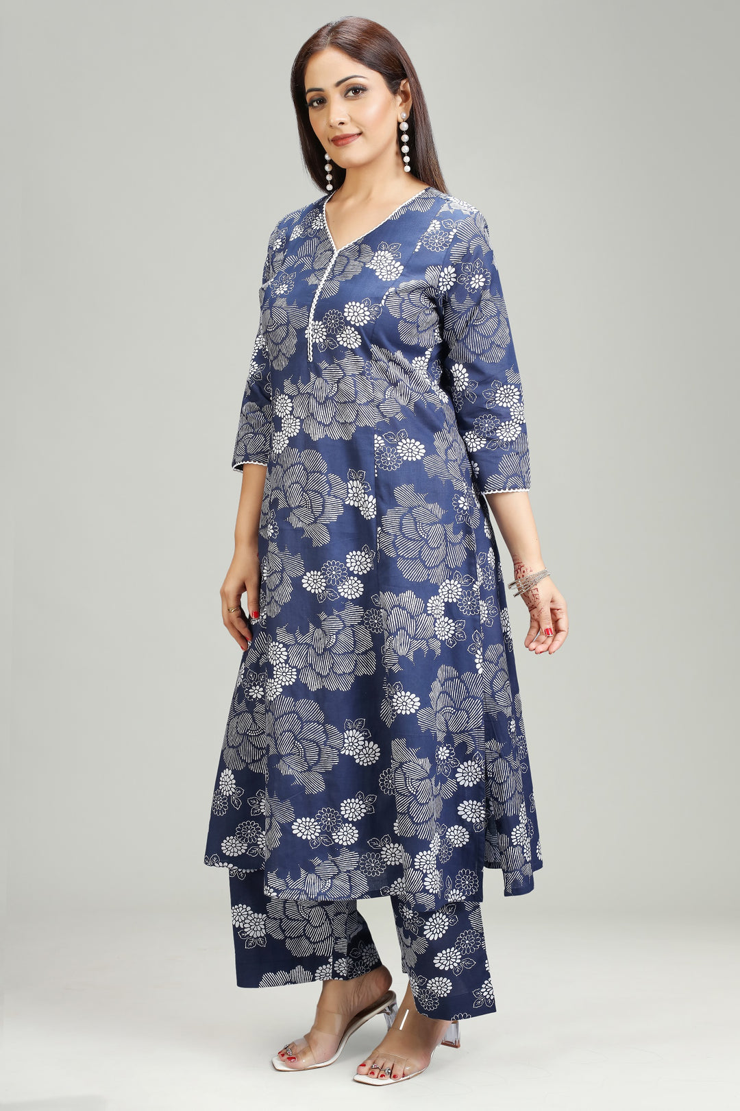 Navy Blue Jaipuri Cotton A Line Printed Kurta Pant Co ord Set