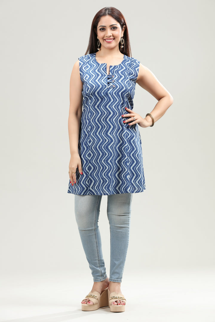 Navy Blue Jaipuri Cotton Straight Printed Sleeveless Kurta