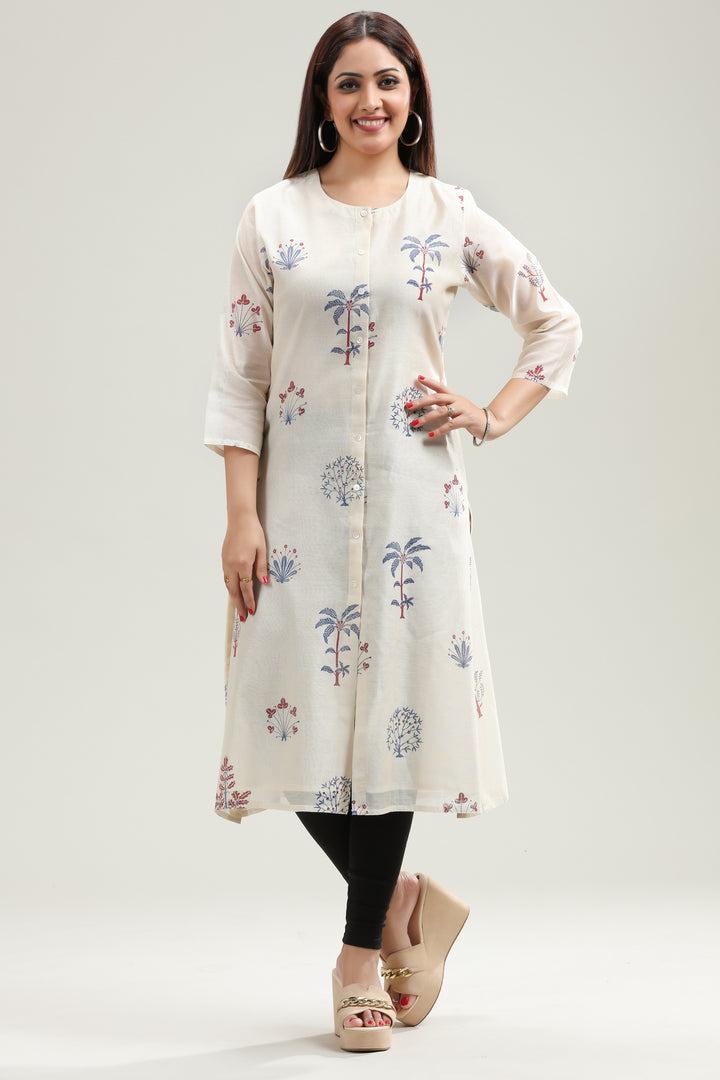 Off White Chanderi A Line Printed Kurta