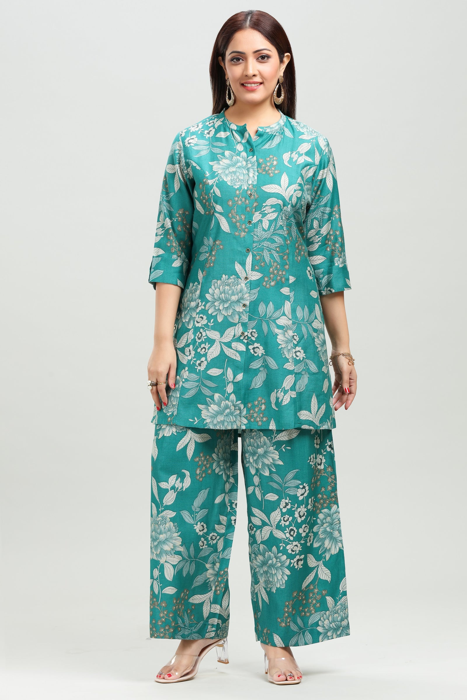 Turquoise Vatican Straight Printed Kurta Pant Co ord Set