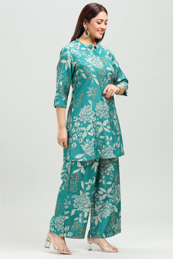 Turquoise Vatican Straight Printed Kurta Pant Co ord Set