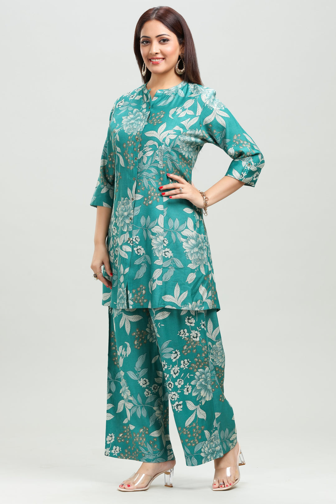 Turquoise Vatican Straight Printed Kurta Pant Co ord Set