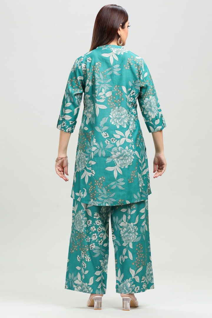 Turquoise Vatican Straight Printed Kurta Pant Co ord Set