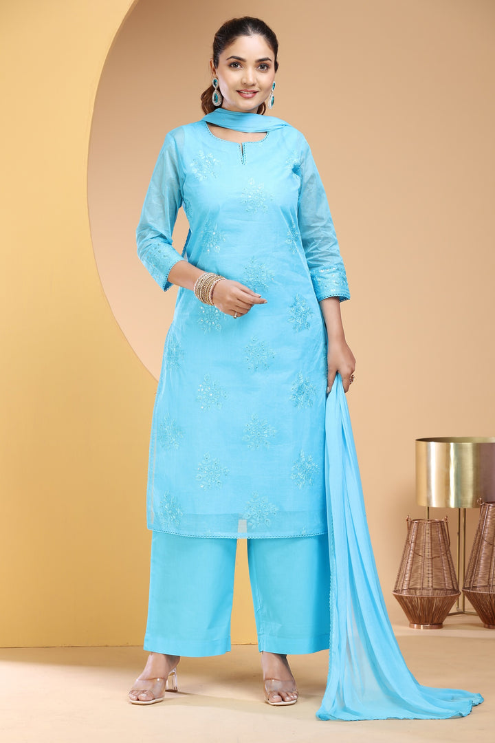 Sky Blue Organdy Straight Embroidered Kurta Pants and Dupatta Set