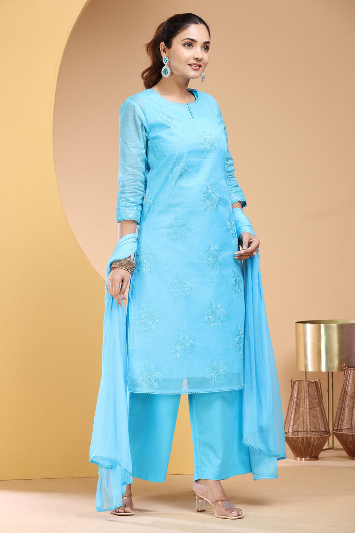 Sky Blue Organdy Straight Embroidered Kurta Pants and Dupatta Set