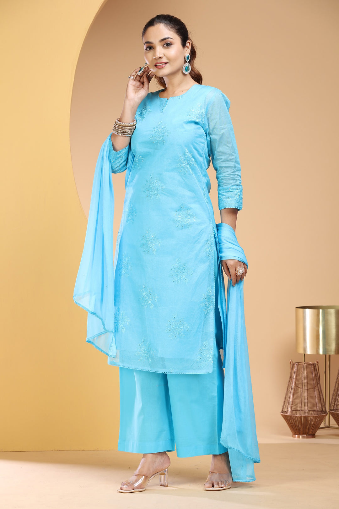 Sky Blue Organdy Straight Embroidered Kurta Pants and Dupatta Set