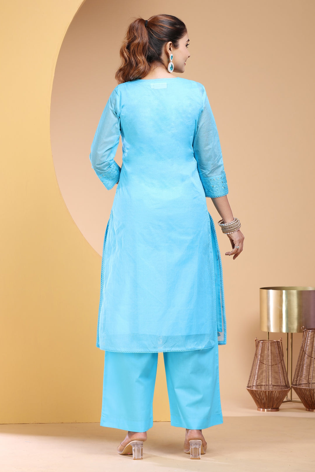 Sky Blue Organdy Straight Embroidered Kurta Pants and Dupatta Set