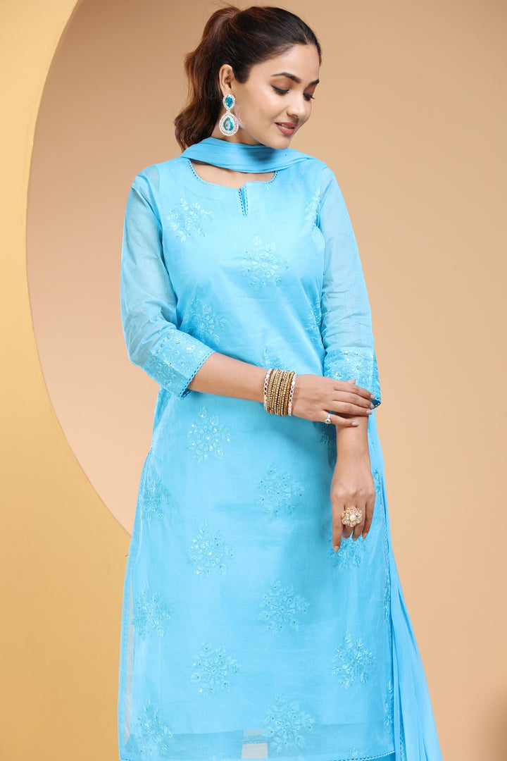 Sky Blue Organdy Straight Embroidered Kurta Pants and Dupatta Set