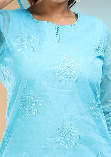 Sky Blue Organdy Straight Embroidered Kurta Pants and Dupatta Set