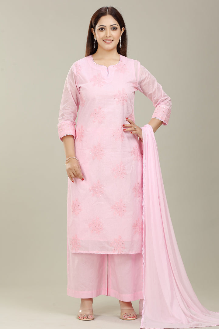 Light Pink Organdy Straight Embroidered Kurta Palazzo Suit Set