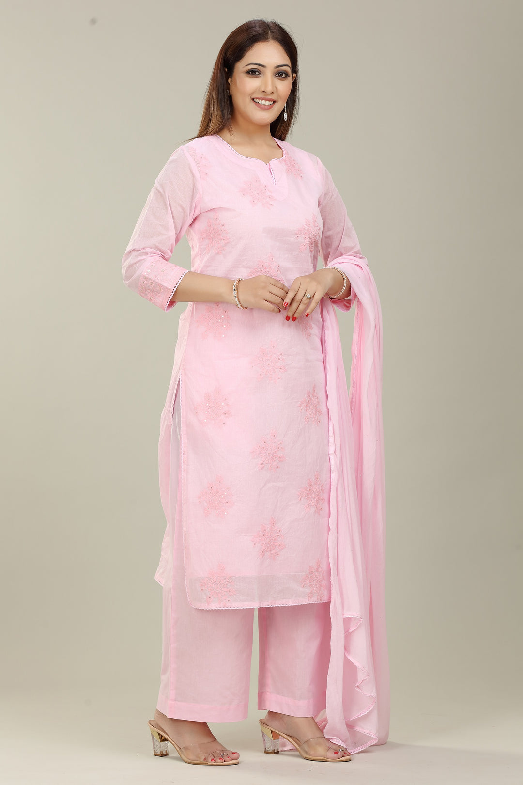 Light Pink Organdy Straight Embroidered Kurta Palazzo Suit Set