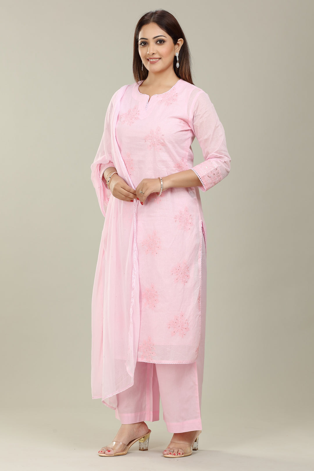 Light Pink Organdy Straight Embroidered Kurta Palazzo Suit Set