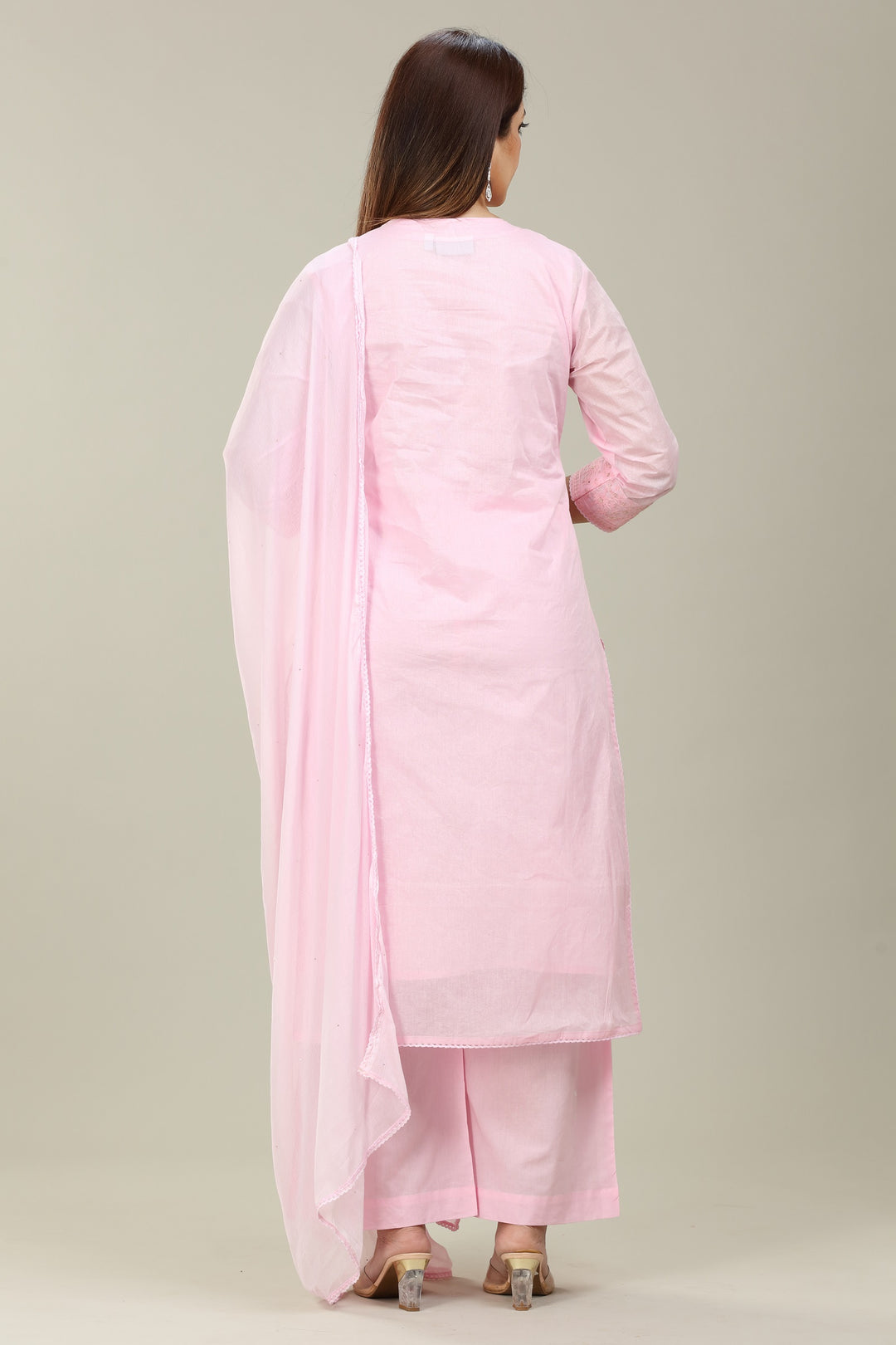 Light Pink Organdy Straight Embroidered Kurta Palazzo Suit Set