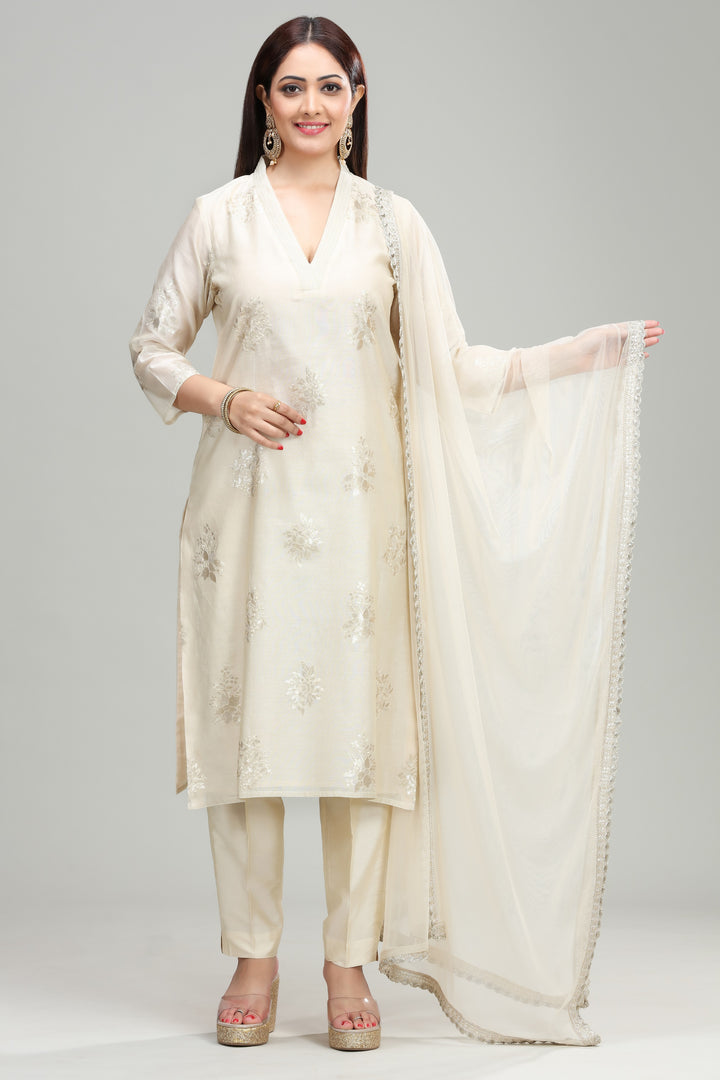 Cream Chanderi Straight Embroidered Kurta Pant Suit Set