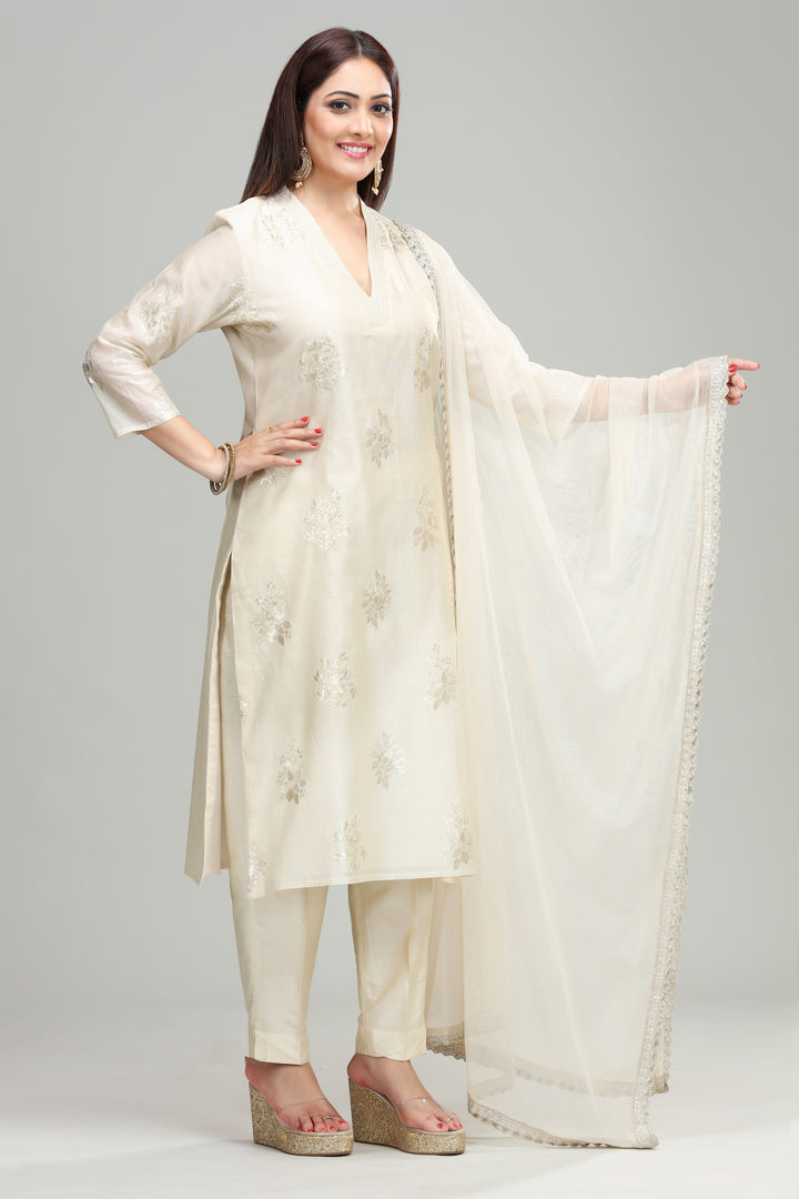 Cream Chanderi Straight Embroidered Kurta Pant Suit Set