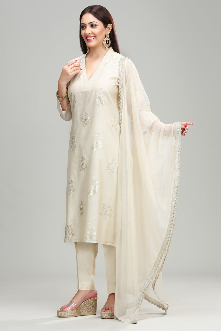 Cream Chanderi Straight Embroidered Kurta Pant Suit Set