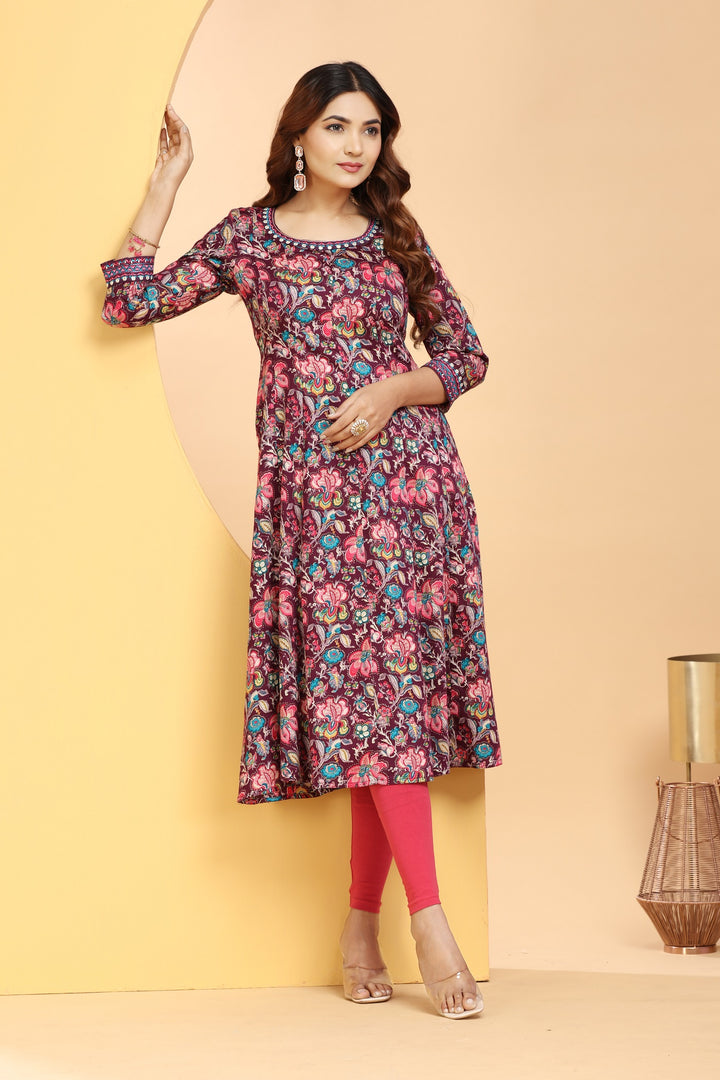 Purple Rayon Embroidered A Line Kurta