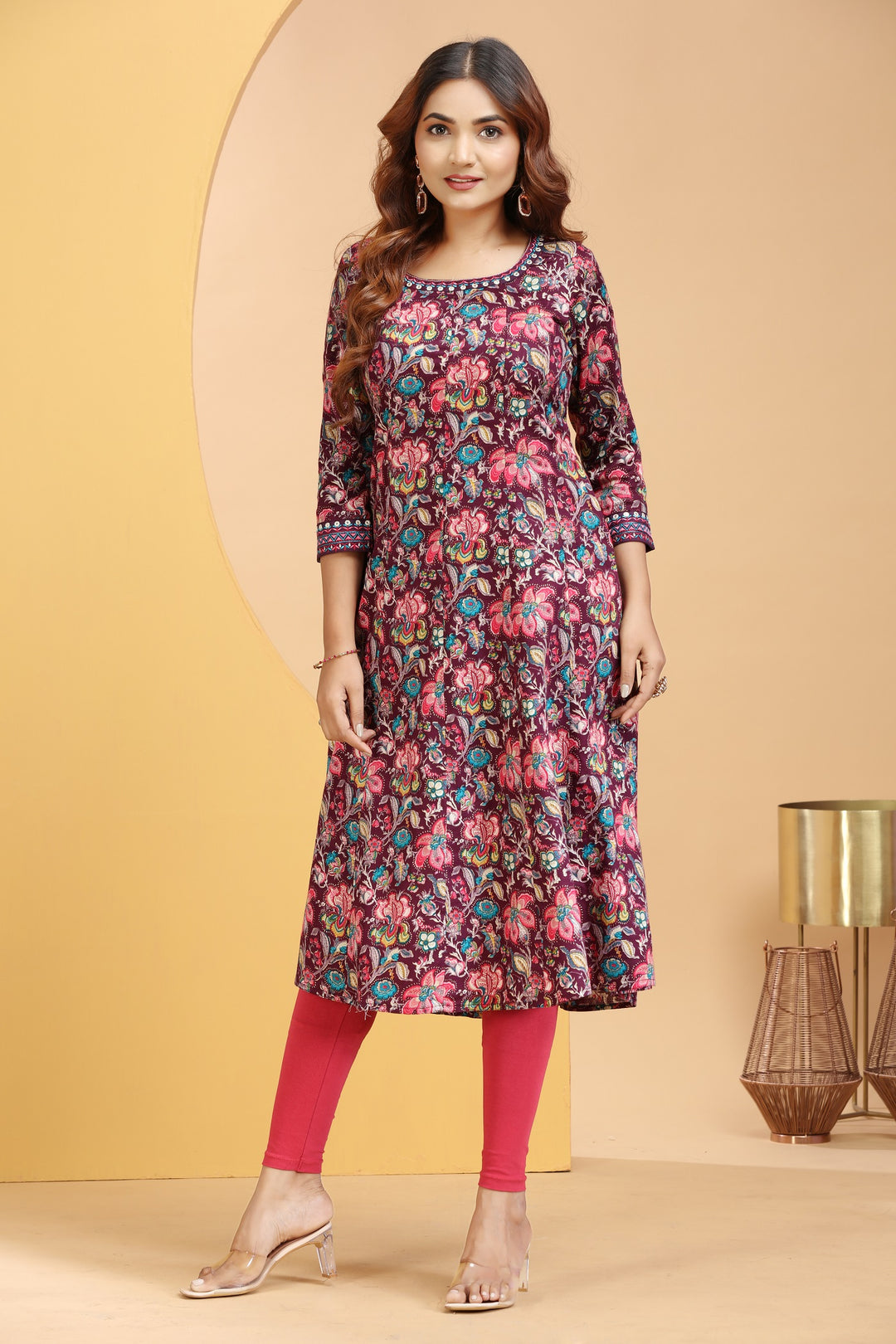 Purple Rayon Embroidered A Line Kurta